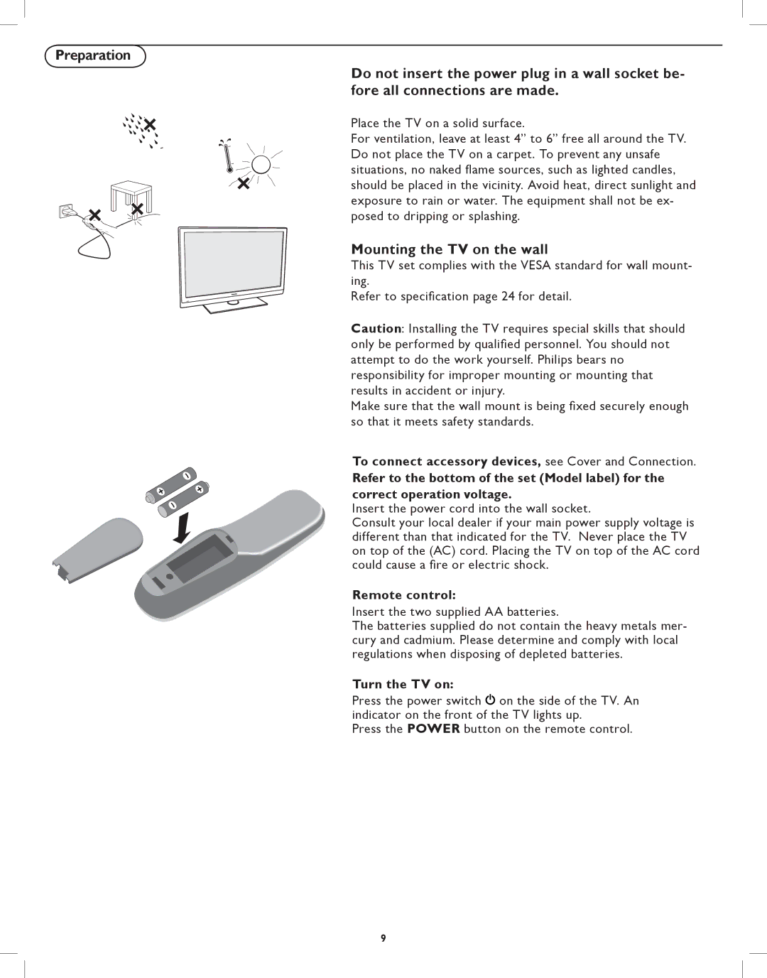 Philips 42HFL5580, 32HFL5530 user manual Mounting the TV on the wall, Remote control, Turn the TV on 