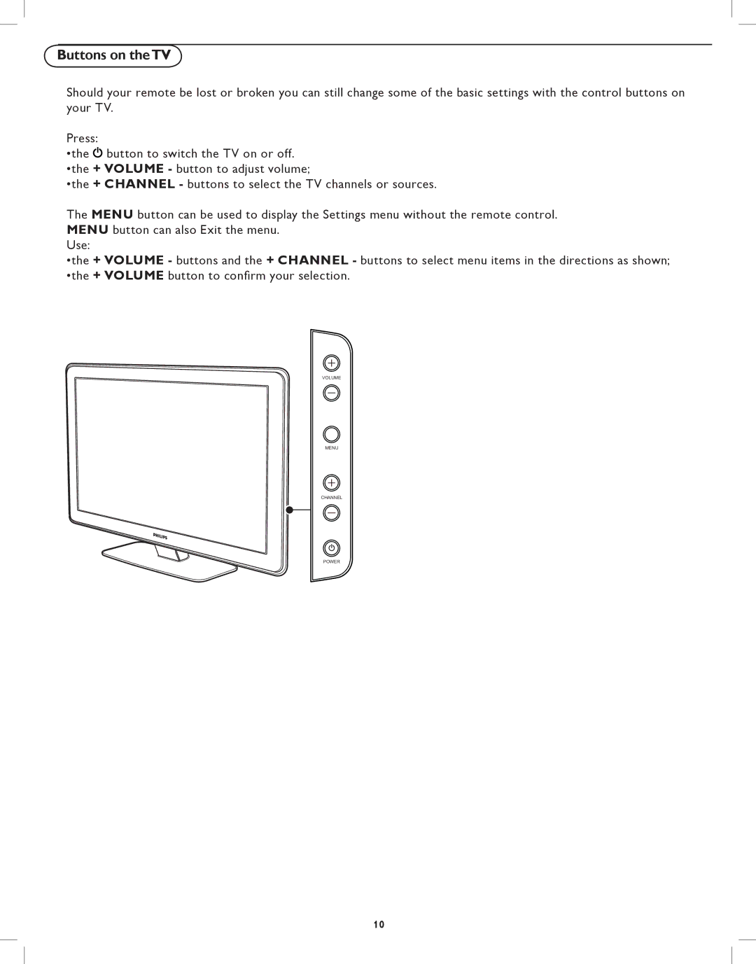 Philips 32HFL5530, 42HFL5580 user manual Buttons on theTV 