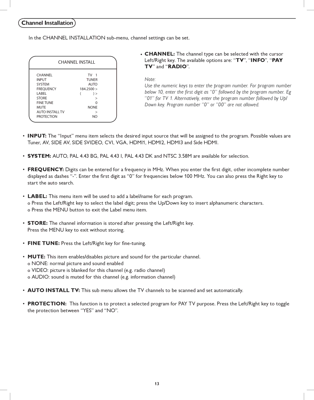 Philips 42HFL5580, 32HFL5530 user manual Channel Installation sub-menu, channel settings can be set 