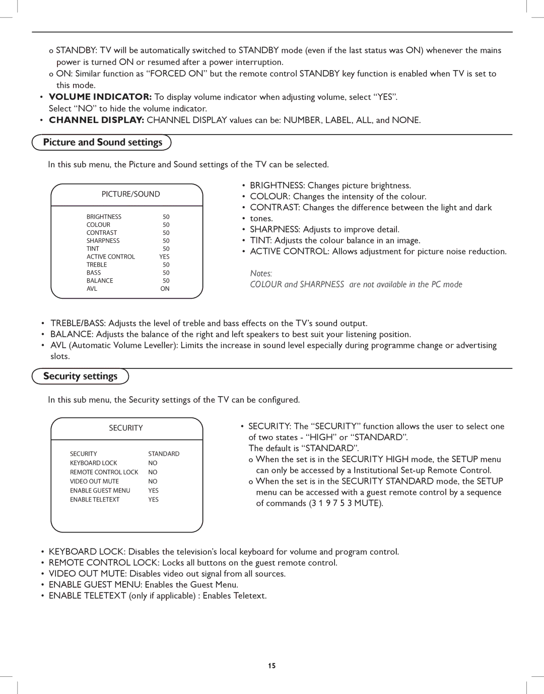 Philips 42HFL5580, 32HFL5530 user manual Colour and Sharpness are not available in the PC mode 