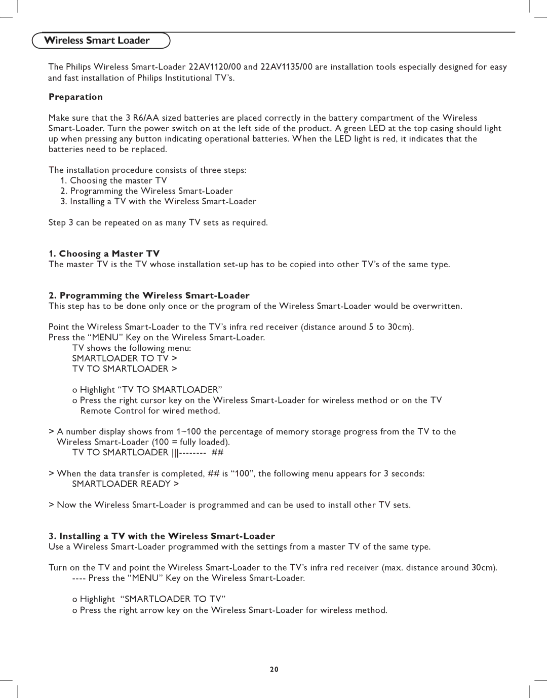 Philips 32HFL5530, 42HFL5580 user manual Preparation, Choosing a Master TV, Programming the Wireless Smart-Loader 