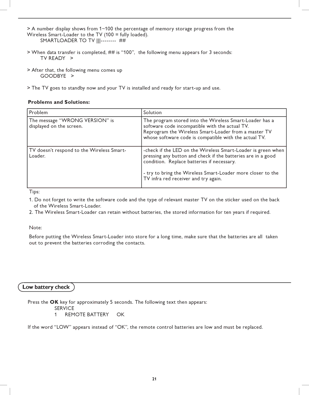 Philips 42HFL5580, 32HFL5530 user manual Problems and Solutions, Service Remote Battery OK 