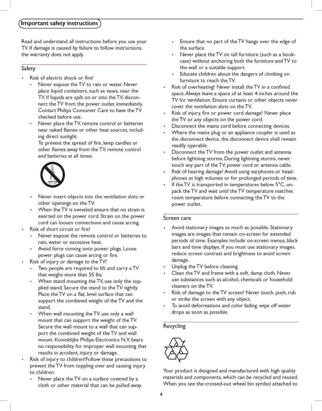 Philips 32HFL5530, 42HFL5580 user manual Important safety instructions, Safety 