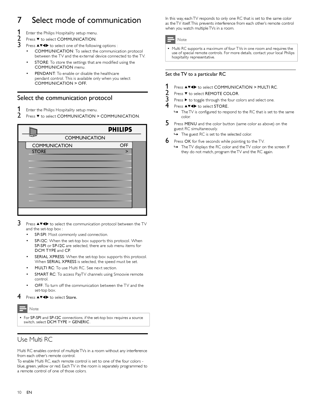 Philips 32HFL4441D/27 Select mode of communication, Select the communication protocol, Use Multi RC, Communication, Store 