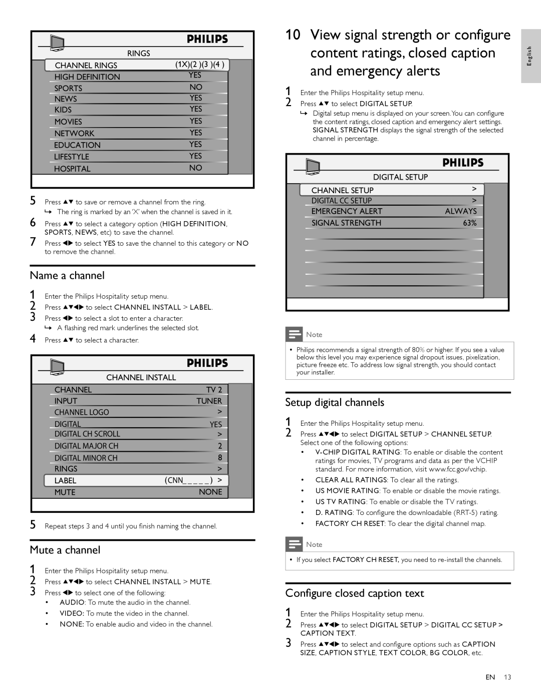 Philips 42HFL5581L/27, 42HFL5581V/27 Name a channel, Mute a channel, Setup digital channels, Configure closed caption text 