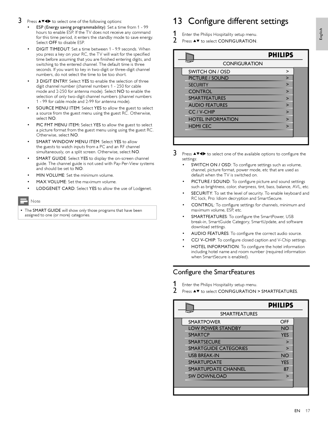 Philips 37HFL4481F/27, 42HFL5581L/27, 42HFL5581V/27, 37HFL5581V/27 Configure different settings, Configure the SmartFeatures 