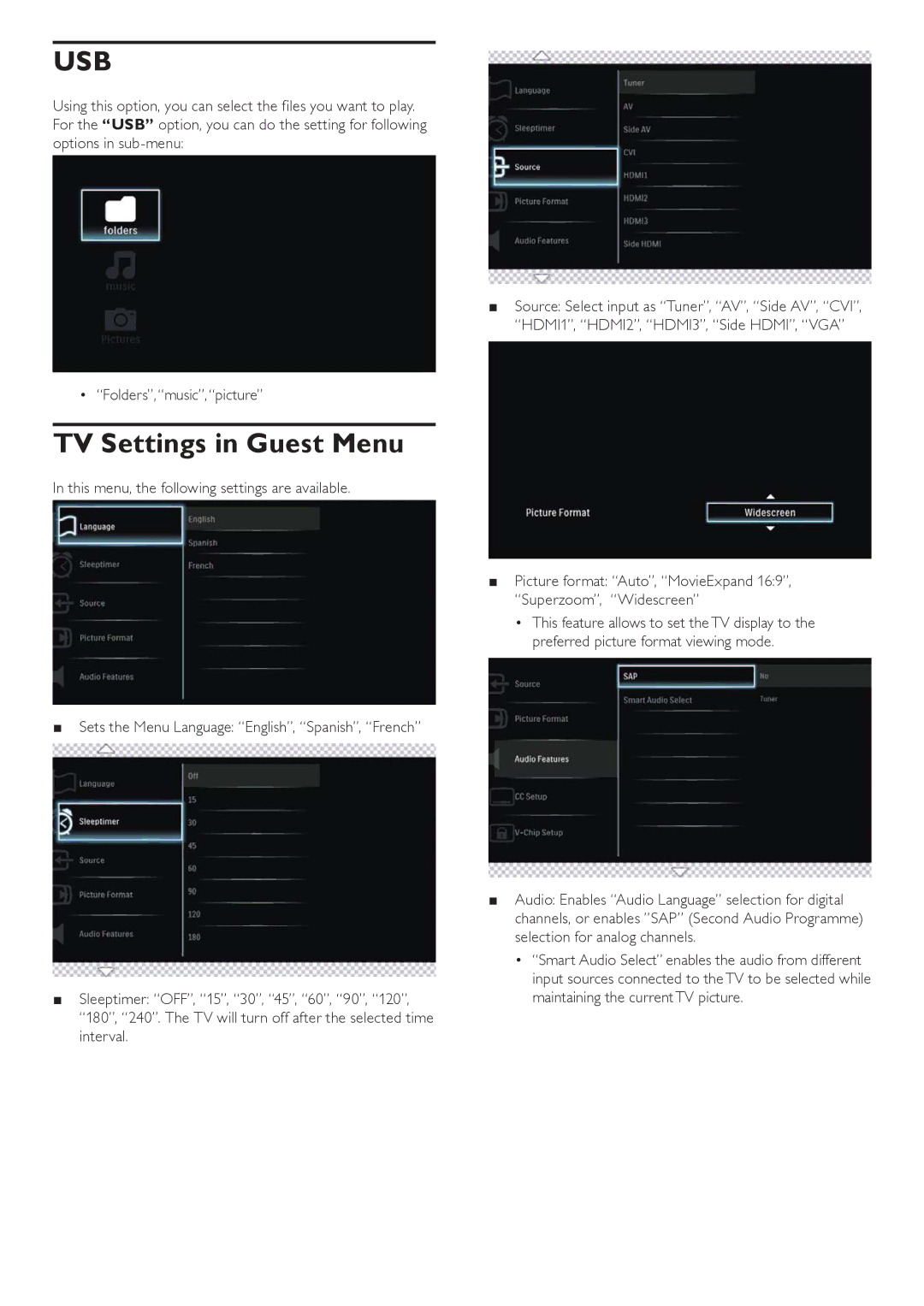 Philips 37HFL5682D, 42HFL5682H, 42HFL5682D, 42HFL4482F, 37HFL4482F TV Settings in Guest Menu, Folders, music,picture 