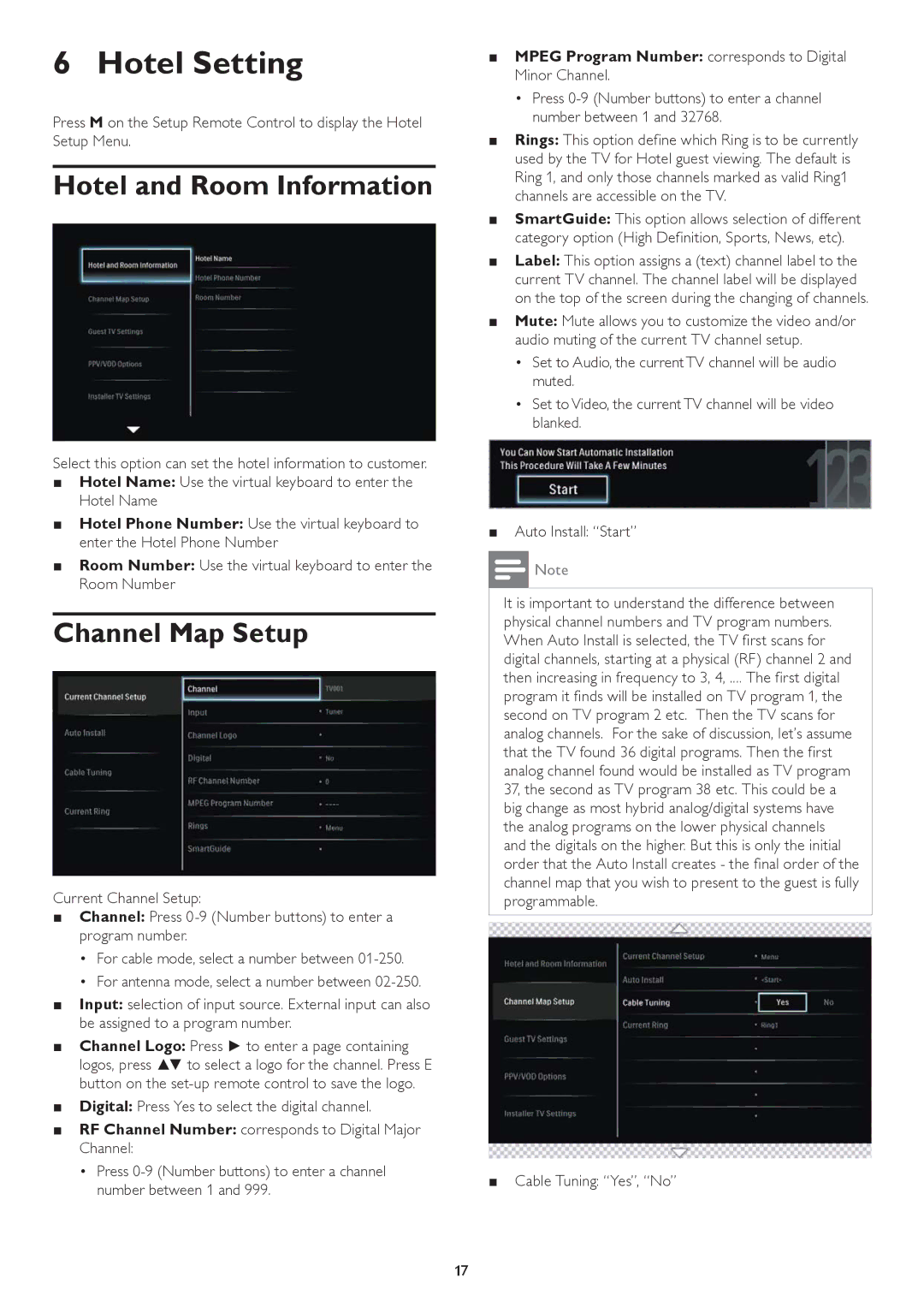 Philips 22HFL5662H, 42HFL5682H Hotel Setting, Hotel and Room Information, Channel Map Setup, Cable Tuning Yes, No 