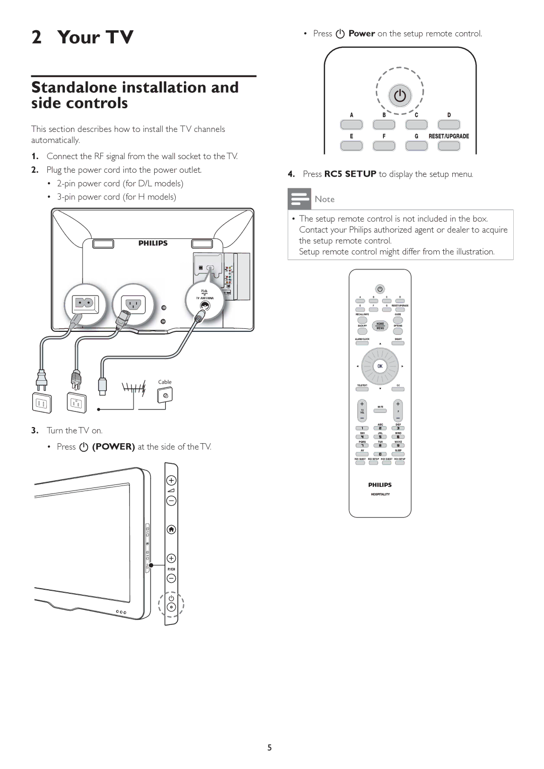 Philips 32HFL5662L, 42HFL5682H, 42HFL5682D, 42HFL4482F, 37HFL5682D Your TV, Standalone installation and side controls 