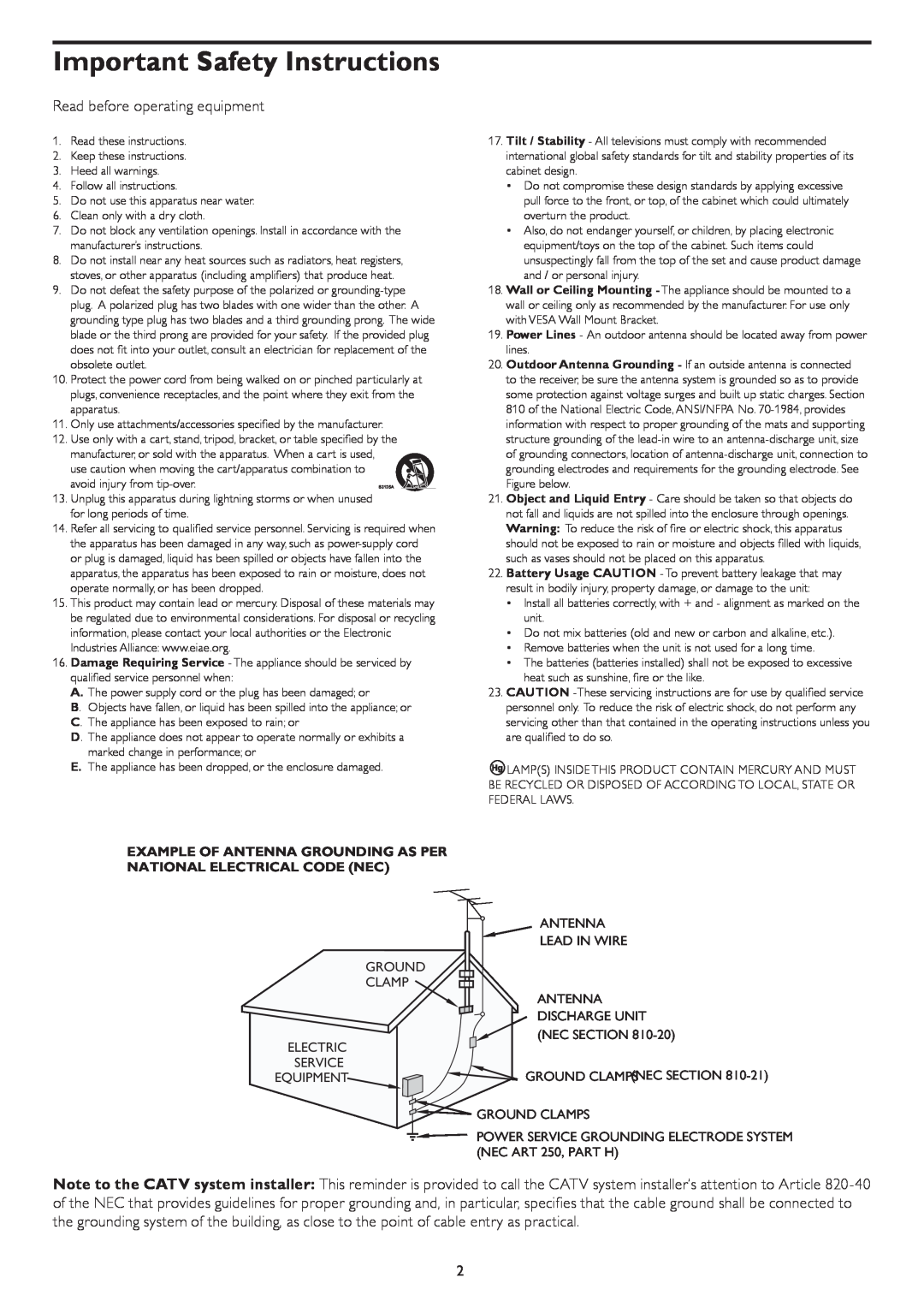 Philips 37HFL4482F Important Safety Instructions, Example Of Antenna Grounding As Per National Electrical Code Nec 