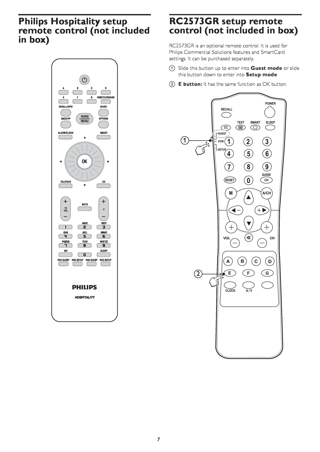 Philips 32HFL4462F Philips Hospitality setup remote control not included in box, Home, Menu, Guide, Back/Ppoptions, Mute 