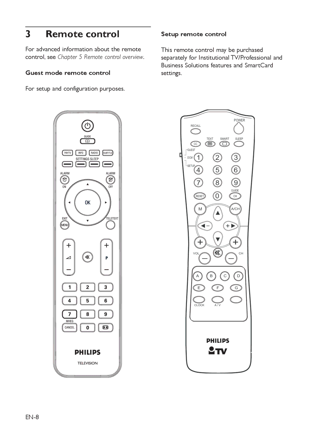 Philips 42HFL5850D Remote control, Guest mode remote control, For setup and configuration purposes, Setup remote control 