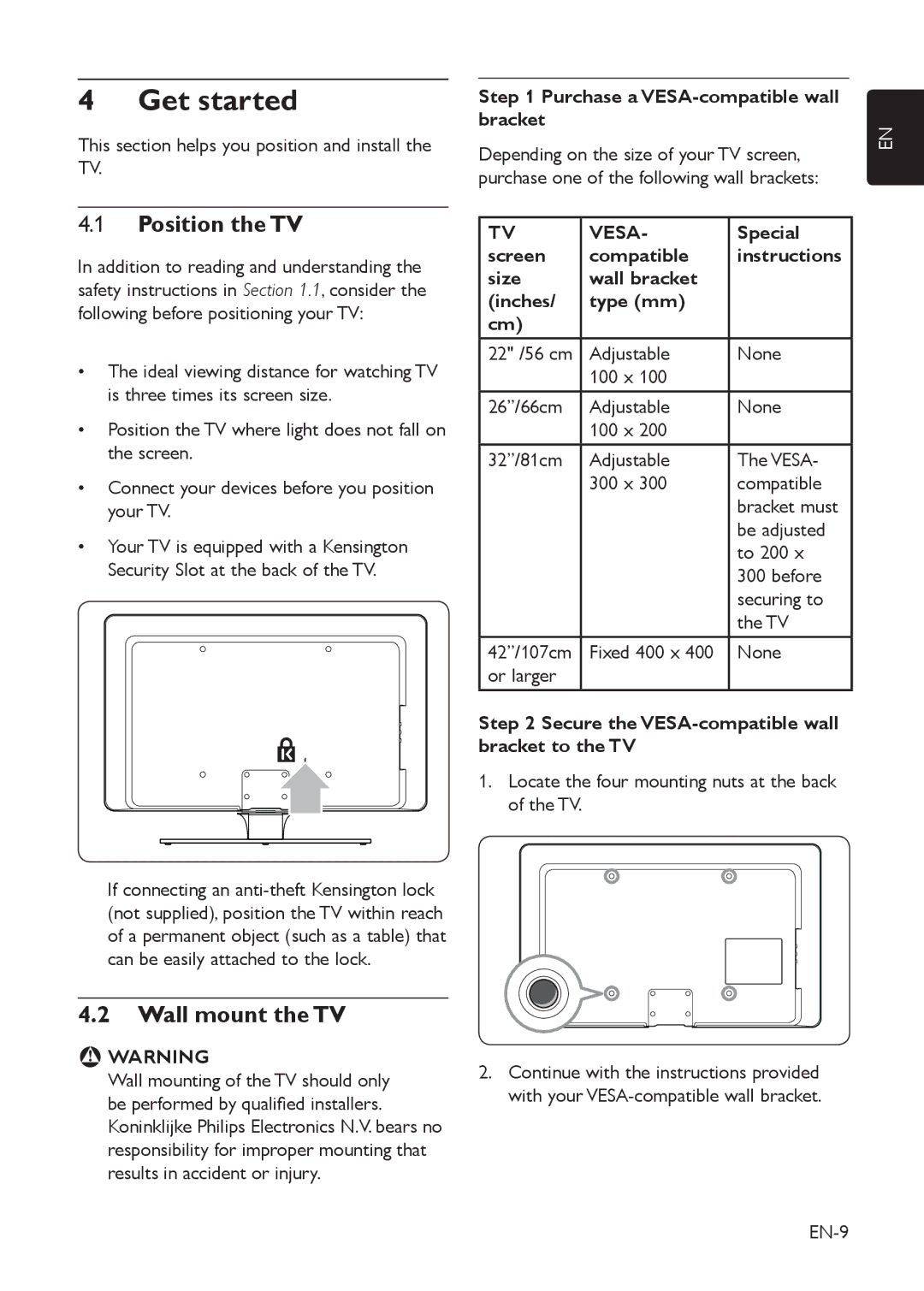 Philips 42HFL5850D manual Get started, Position the TV, Wall mount the TV, Bbwarning, Vesa 