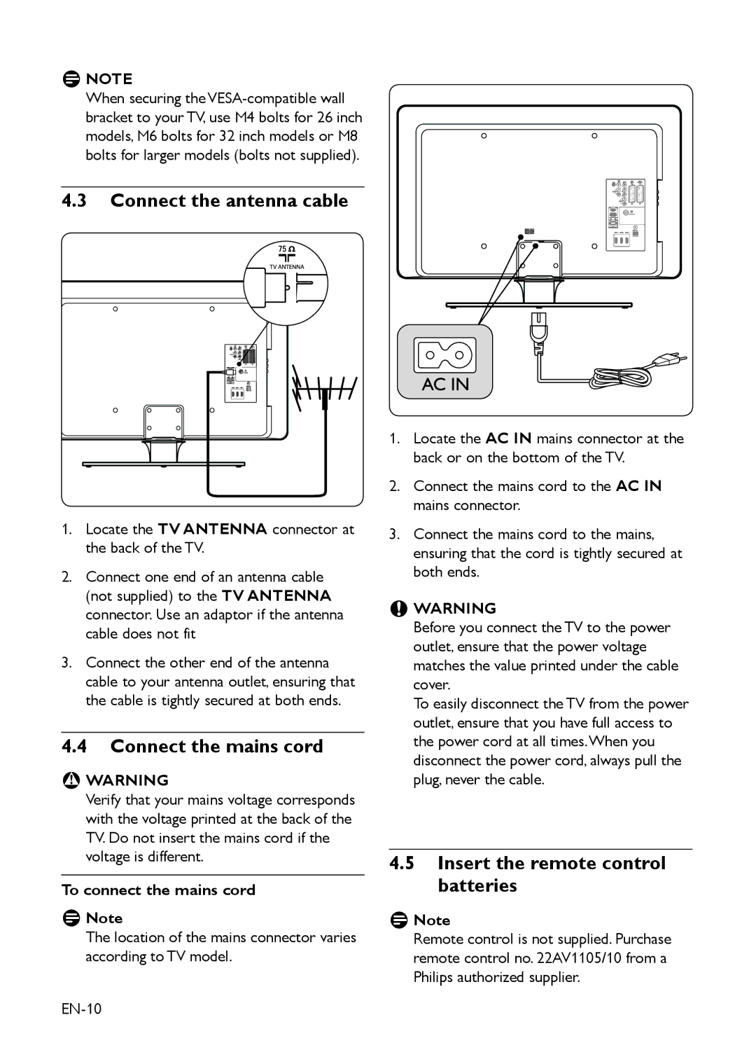 Philips 42HFL5850D manual Connect the antenna cable, Connect the mains cord, Insert the remote control batteries, Ddnote 