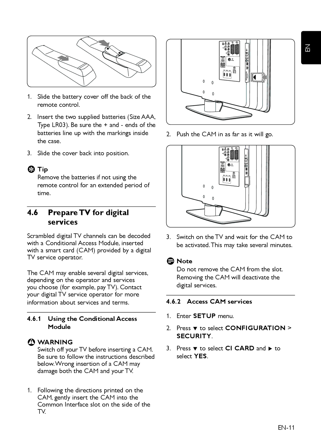 Philips 42HFL5850D manual Prepare TV for digital services, EETip, Using the Conditional Access Module, Access CAM services 