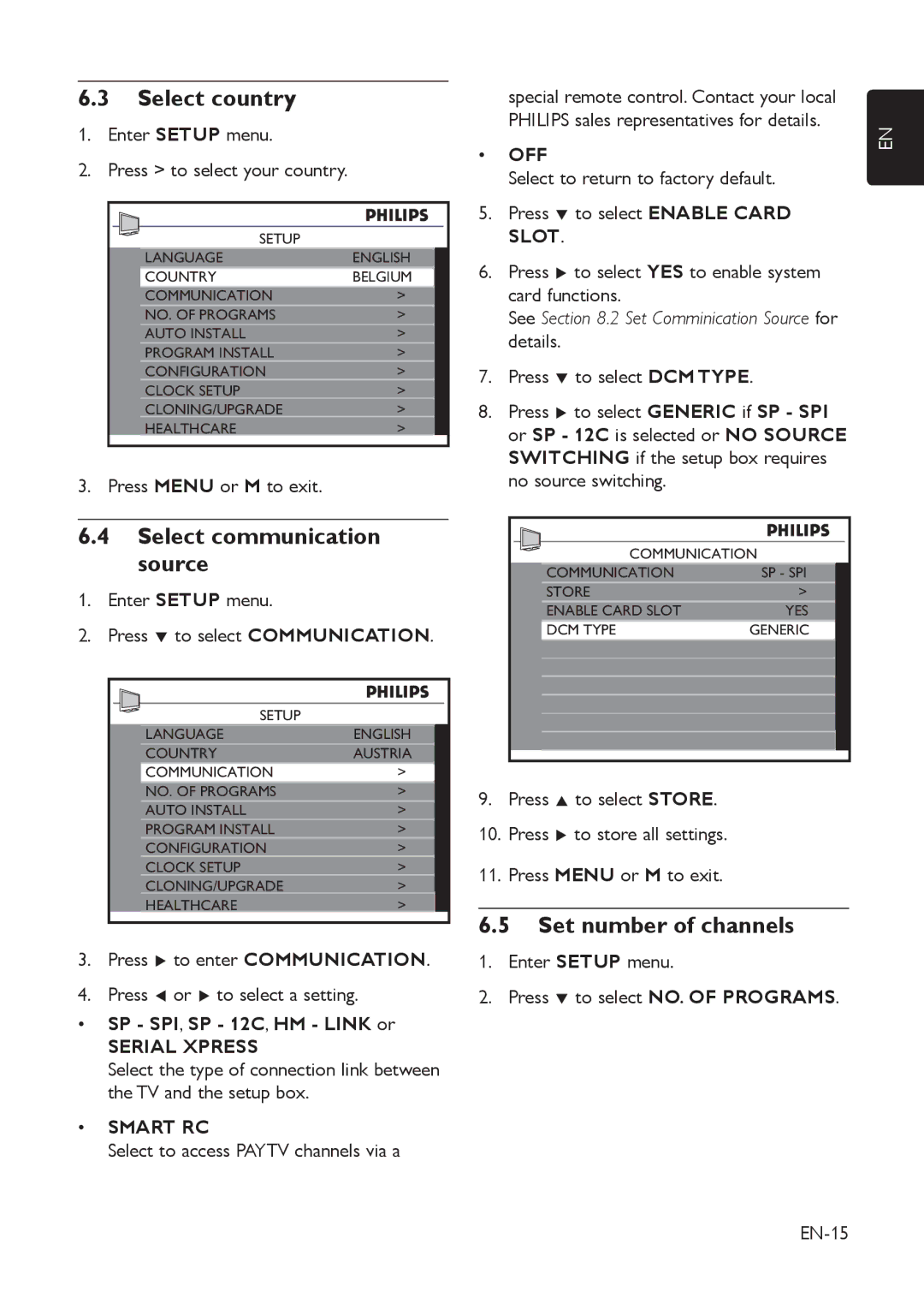 Philips 42HFL5850D manual Select country, Select communication source, Set number of channels 