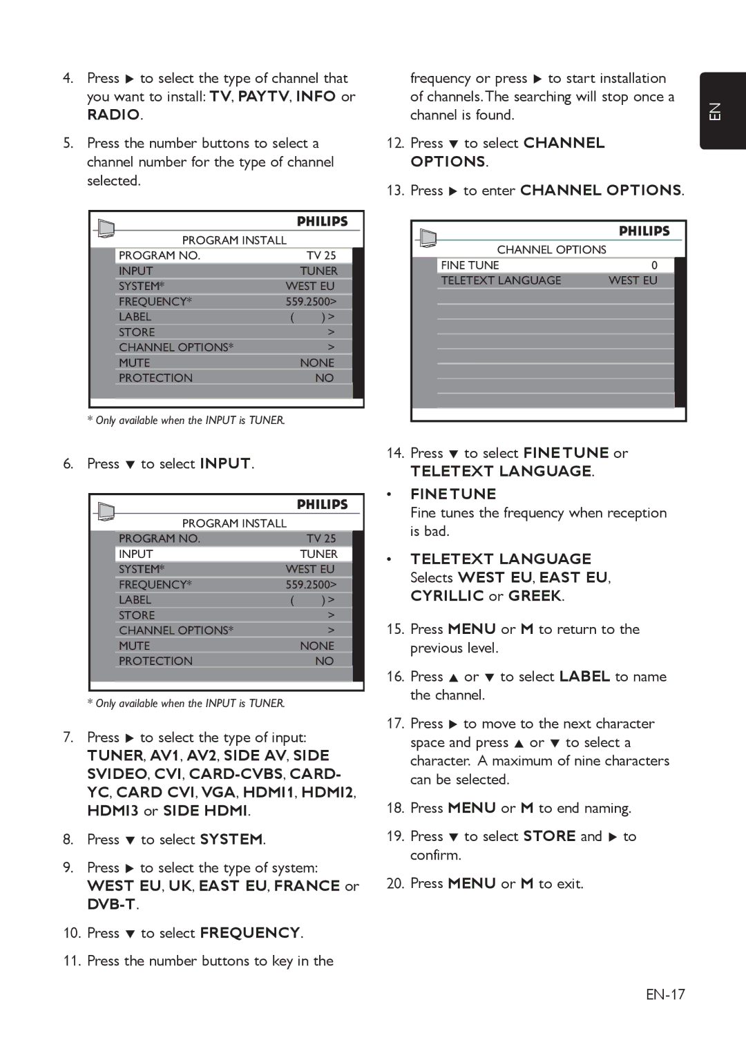 Philips 42HFL5850D Press ï to select Input, Teletext Language Fine Tune, Fine tunes the frequency when reception is bad 