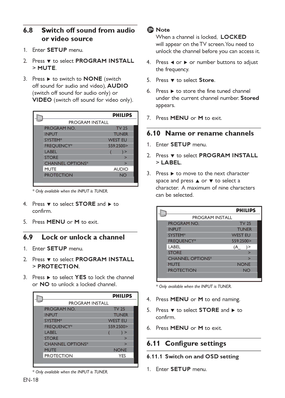 Philips 42HFL5850D manual Switch off sound from audio or video source, Lock or unlock a channel, Name or rename channels 