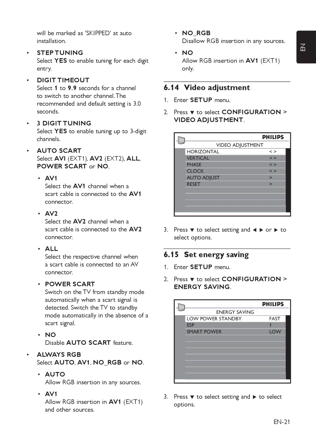 Philips 42HFL5850D manual Video adjustment, Set energy saving 