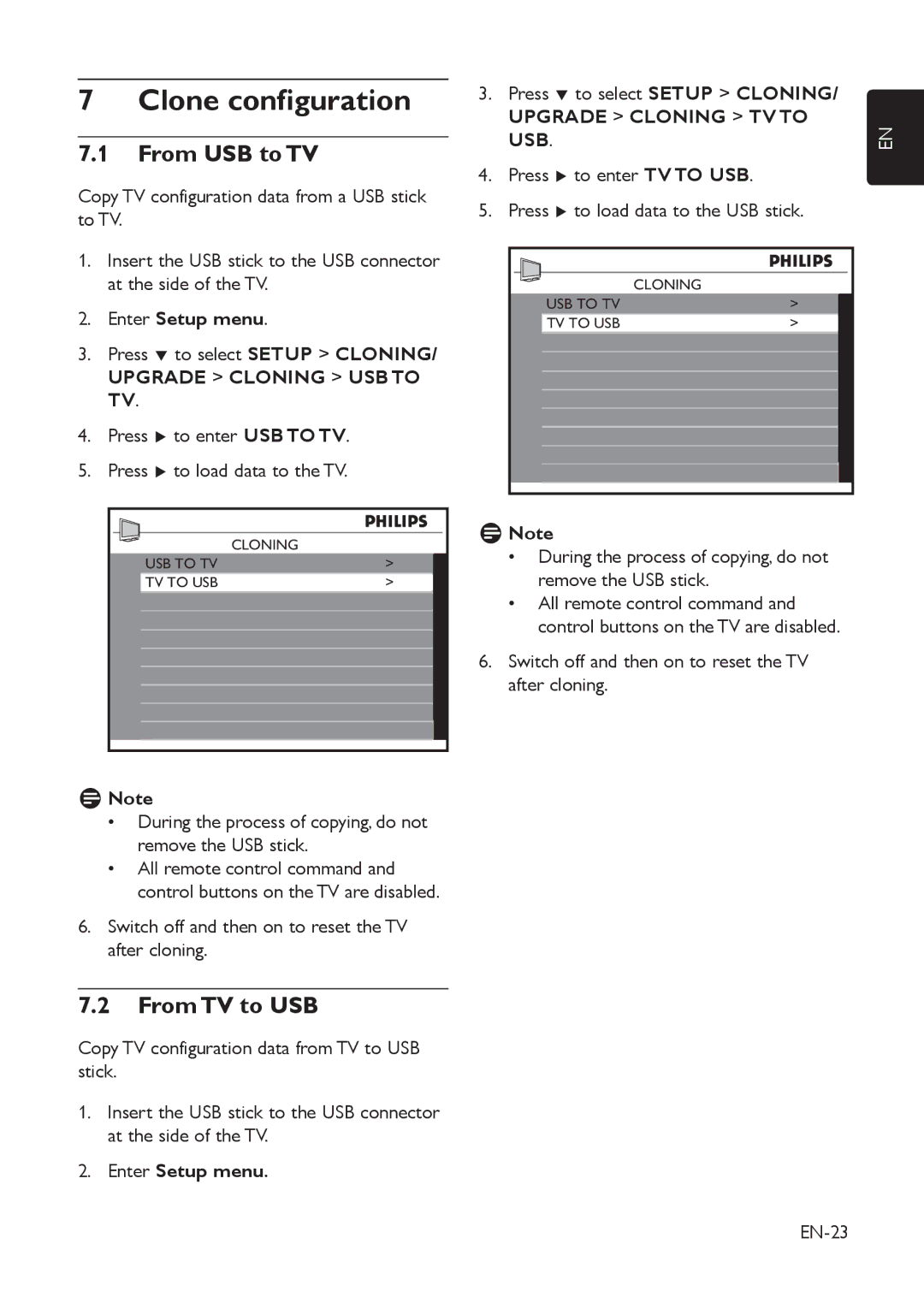 Philips 42HFL5850D manual Clone configuration, From USB to TV, From TV to USB, Enter Setup menu 