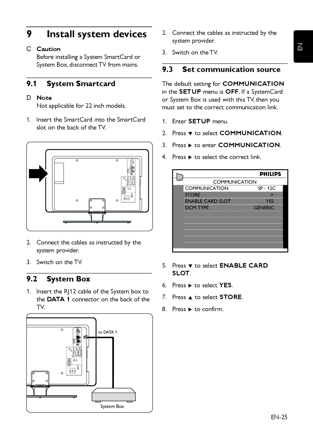 Philips 42HFL5850D manual Install system devices, System Smartcard, System Box, Set communication source, CCCaution 