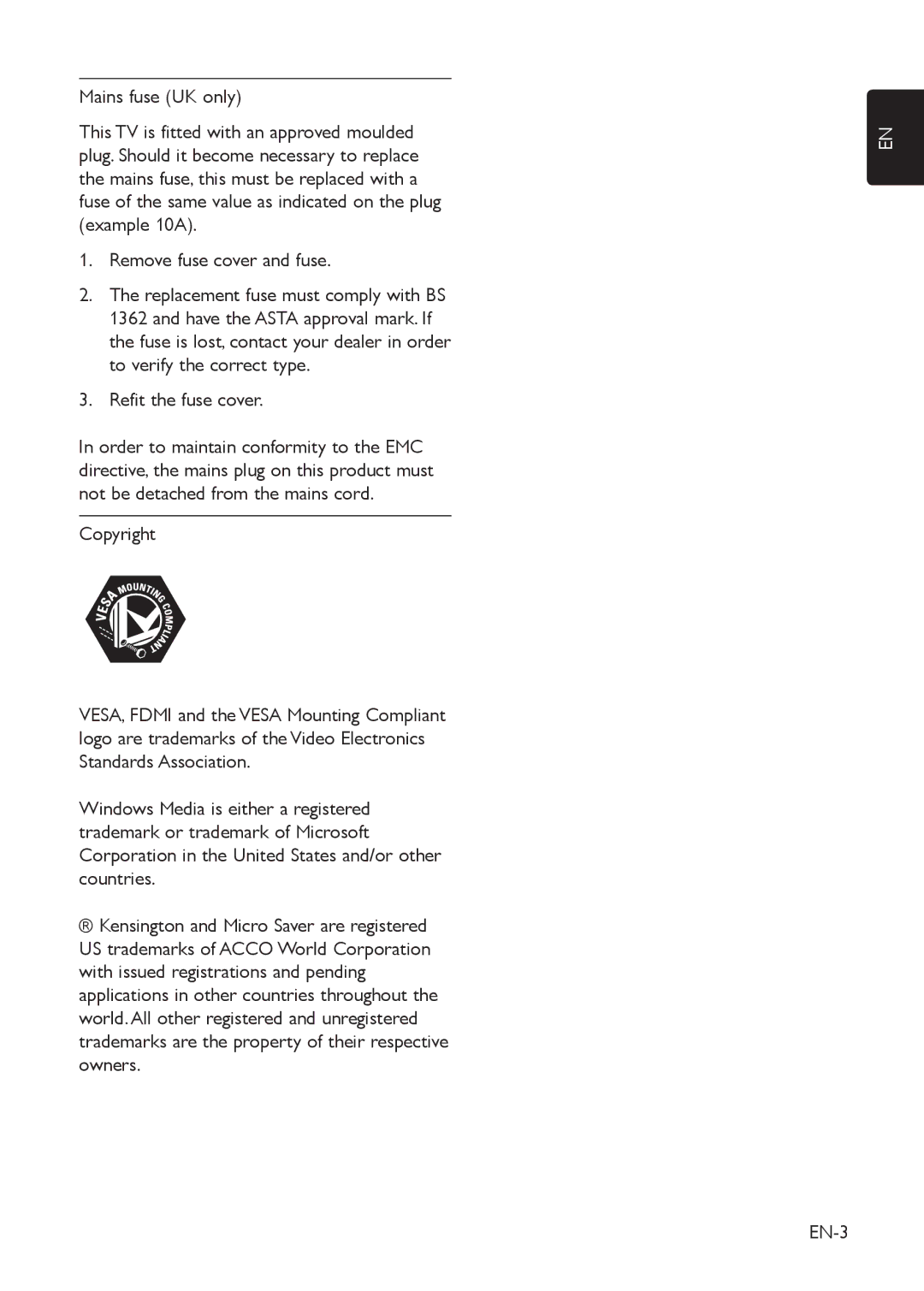 Philips 42HFL5850D manual Mains fuse UK only, Remove fuse cover and fuse, Refit the fuse cover, Copyright, EN-3 