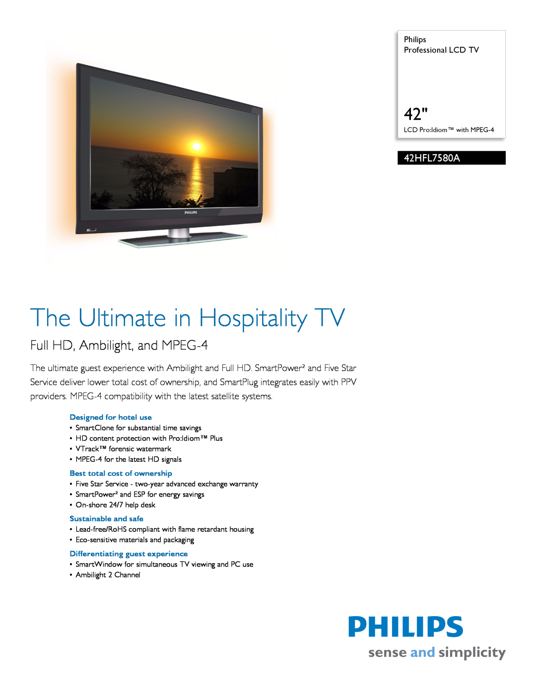 Philips 42HFL7580A warranty The Ultimate in Hospitality TV, Full HD, Ambilight, and MPEG-4 