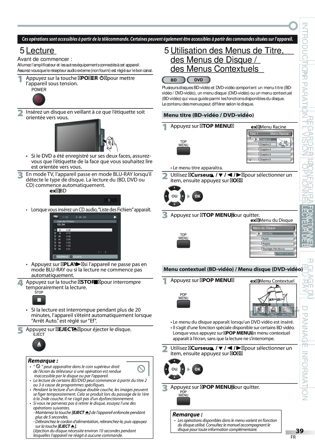 Philips 42MD459B user manual  Lecture, Le contenu des menus peut différer selon le disque, Ex. BD 