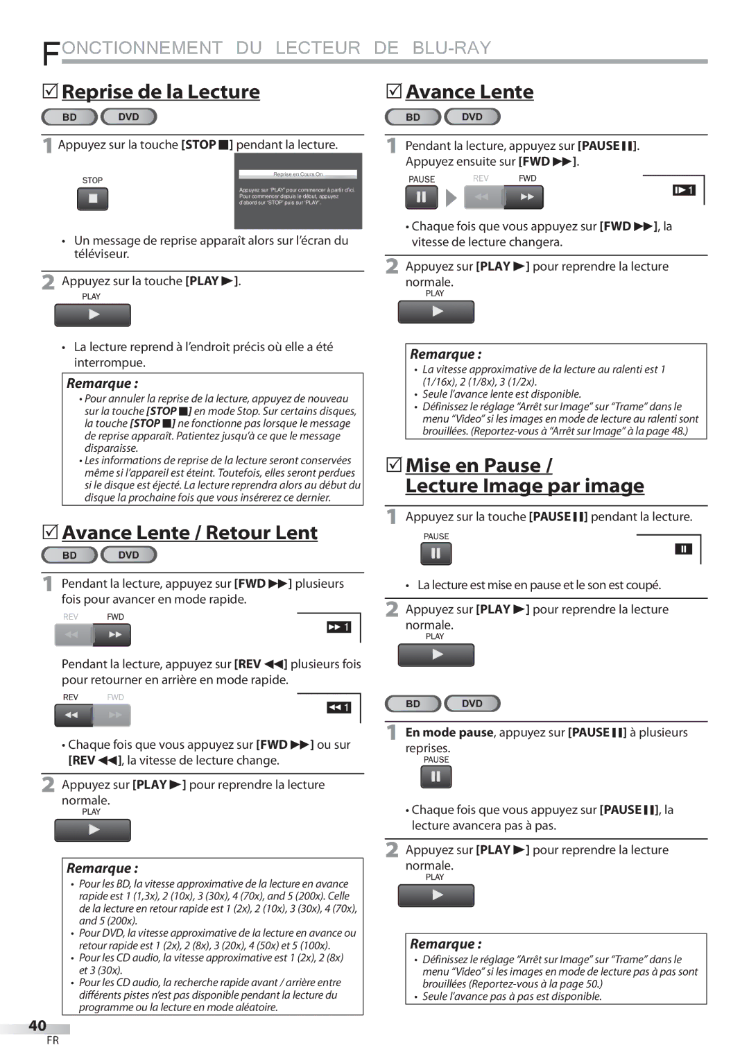 Philips 42MD459B user manual Reprise de la Lecture, 1Appuyez sur la touche Stop C pendant la lecture 