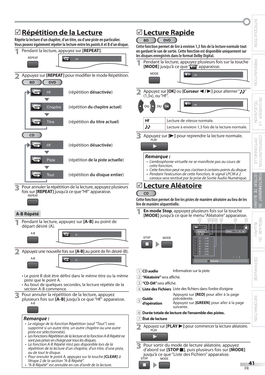 Philips 42MD459B user manual  Répétition de la Lecture,  Lecture Rapide, Lecture Aléatoire 