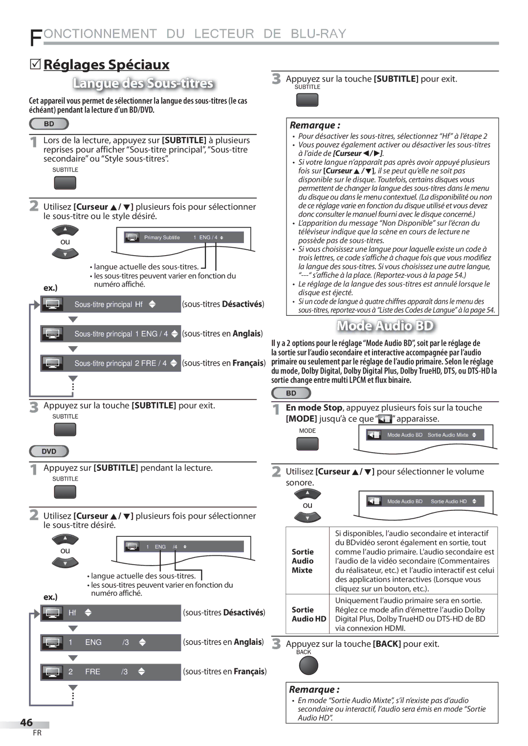 Philips 42MD459B user manual  Réglages Spéciaux, Langue des Sous-titres, Mode Audio BD 