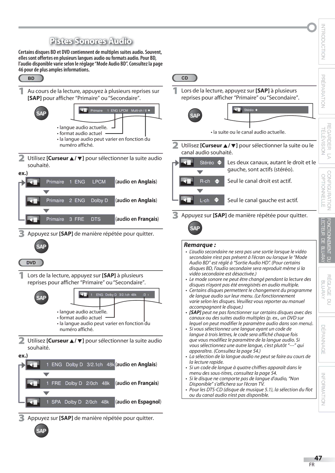 Philips 42MD459B user manual Pistes Sonores Audio, Appuyez sur SAP de manière répétée pour quitter, Canal audio souhaité 