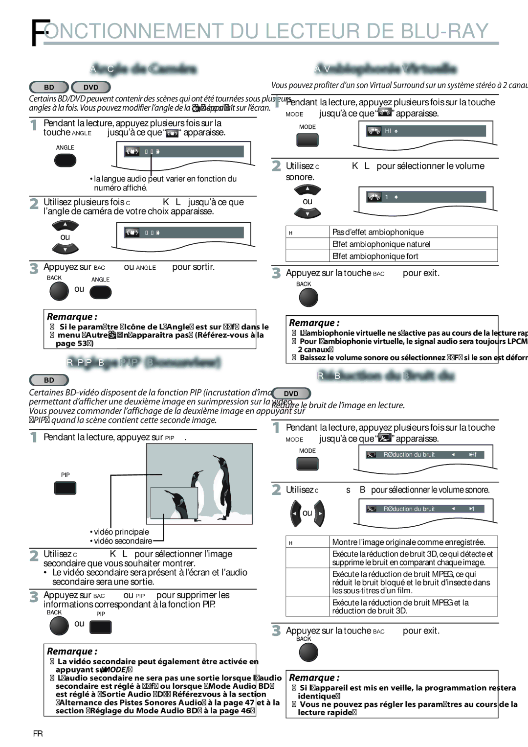 Philips 42MD459B user manual Angle de Caméra, Ambiophonie Virtuelle, Réglage PIP Bonusview, Réduction du Bruit du 