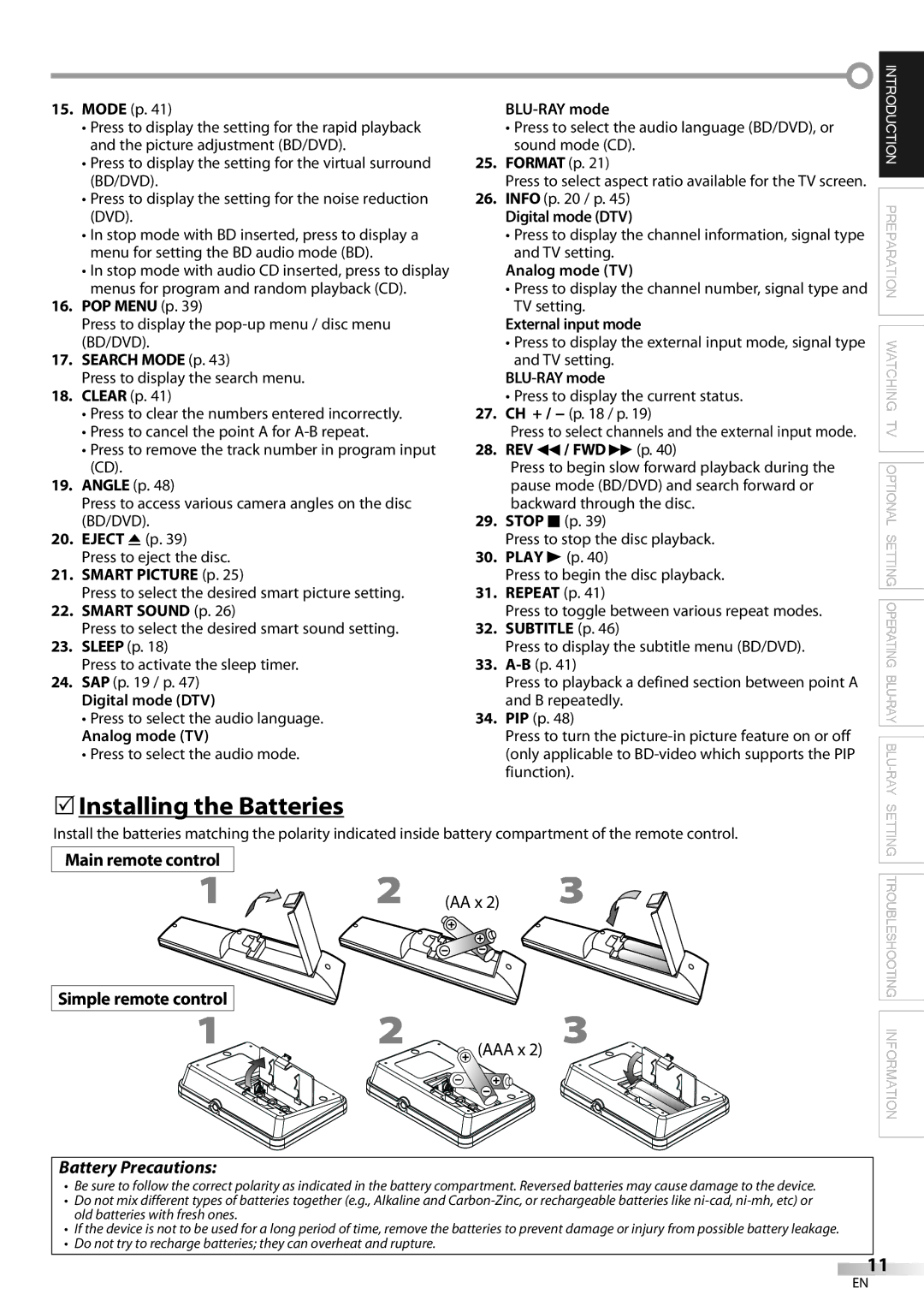 Philips 42MD459B user manual 5Installing the Batteries, Main remote control, Battery Precautions 