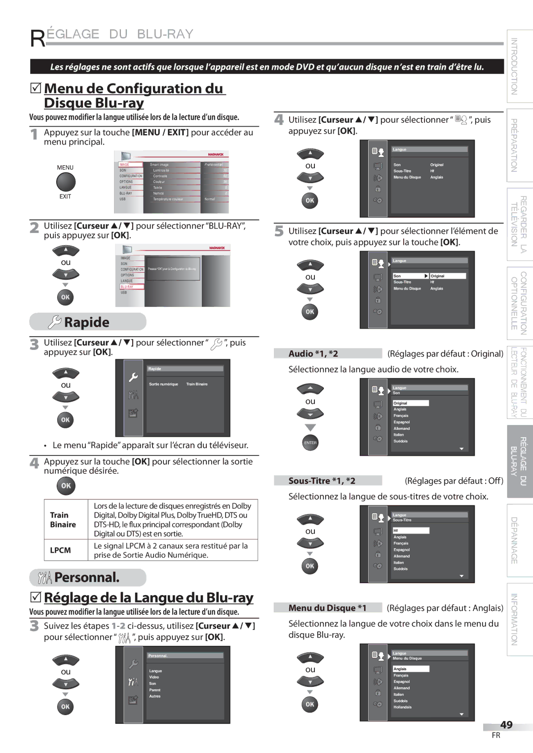 Philips 42MD459B user manual  Menu de Configuration du Disque Blu-ray, Rapide, Personnal 