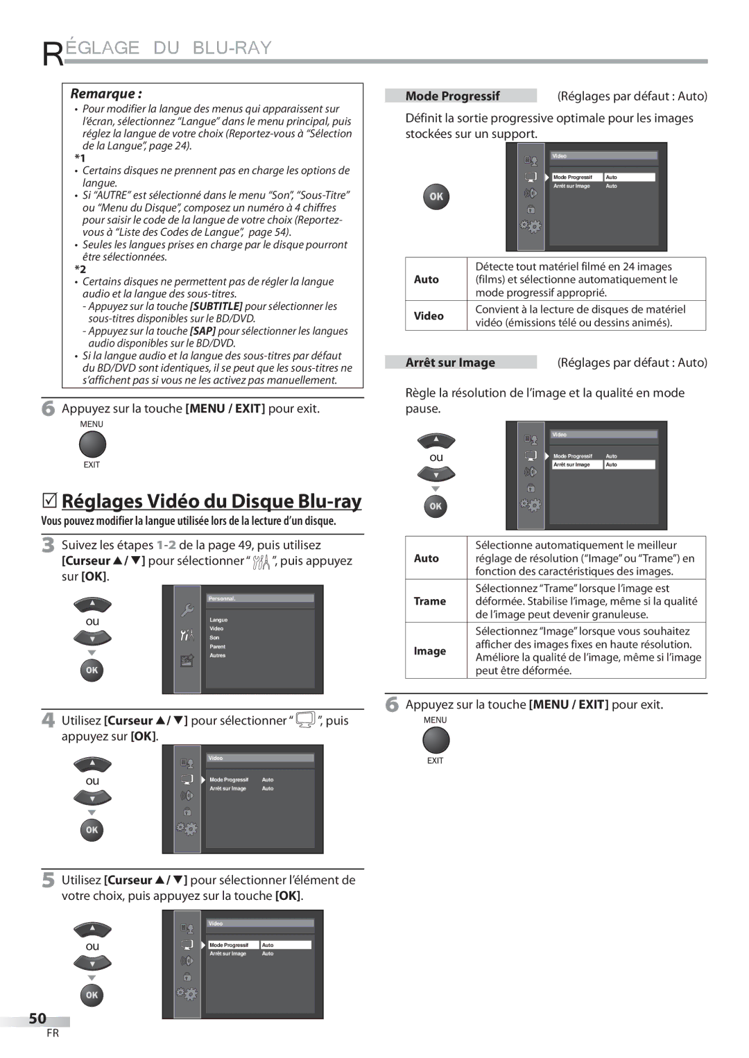 Philips 42MD459B user manual Appuyez sur la touche Menu / Exit pour exit, Mode Progressif, Arrêt sur Image, Puis 