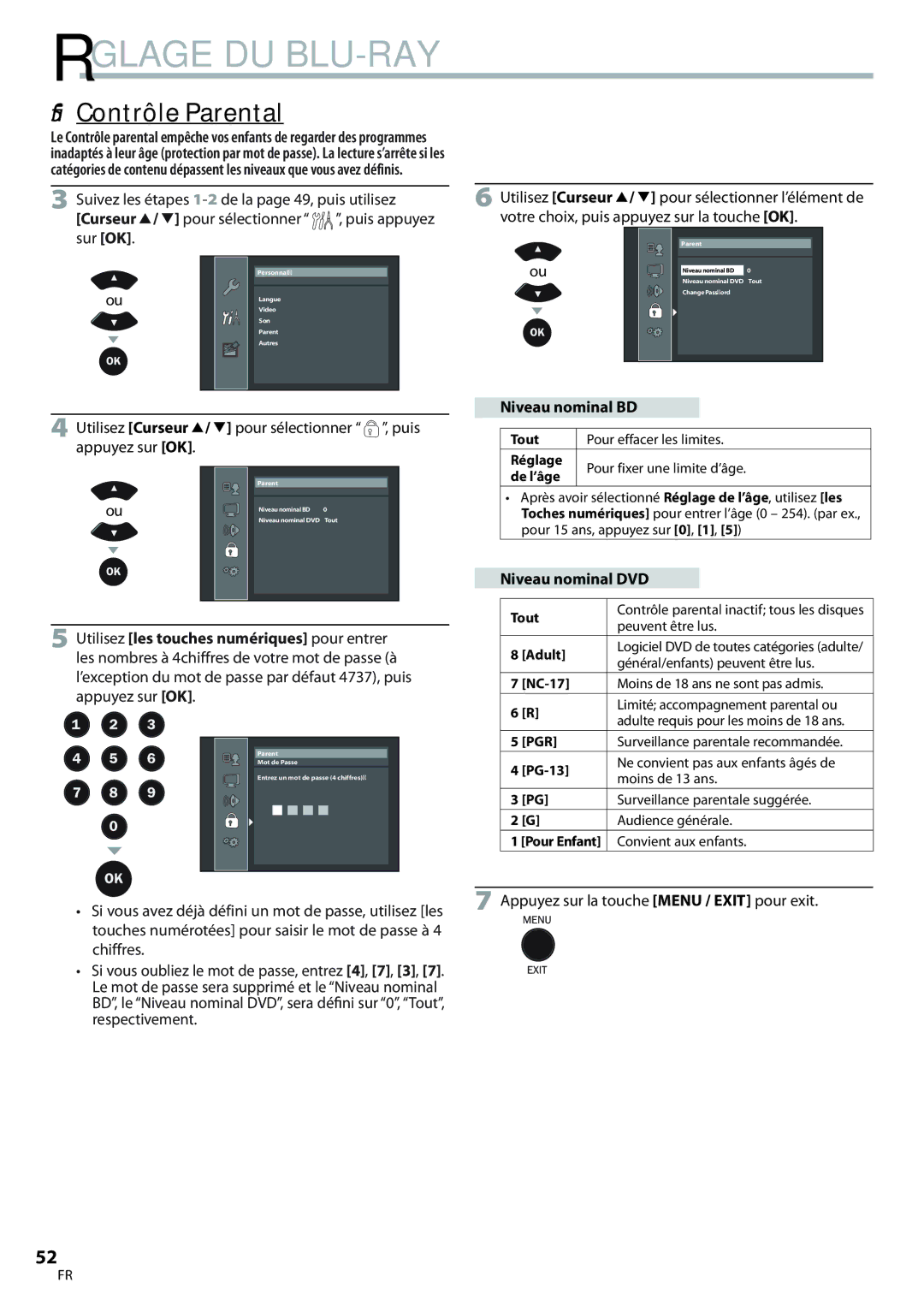 Philips 42MD459B  Contrôle Parental, Niveau nominal BD, Utilisez les touches numériques pour entrer, Niveau nominal DVD 