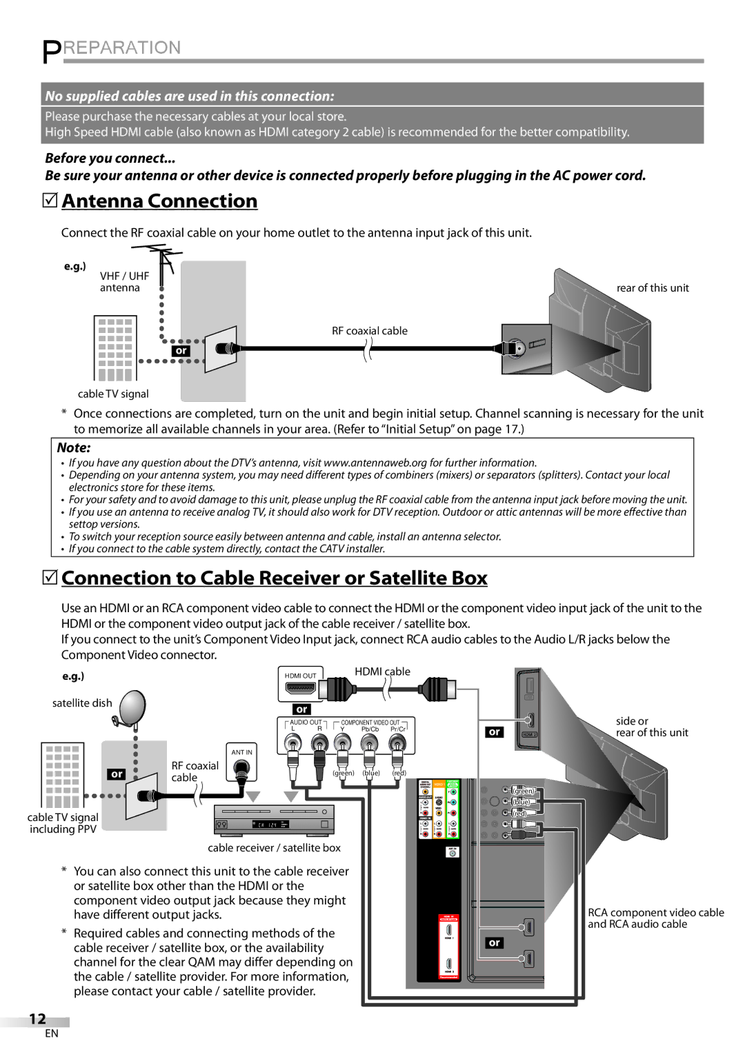 Philips 42MD459B user manual Preparation, 5Antenna Connection, 5Connection to Cable Receiver or Satellite Box 