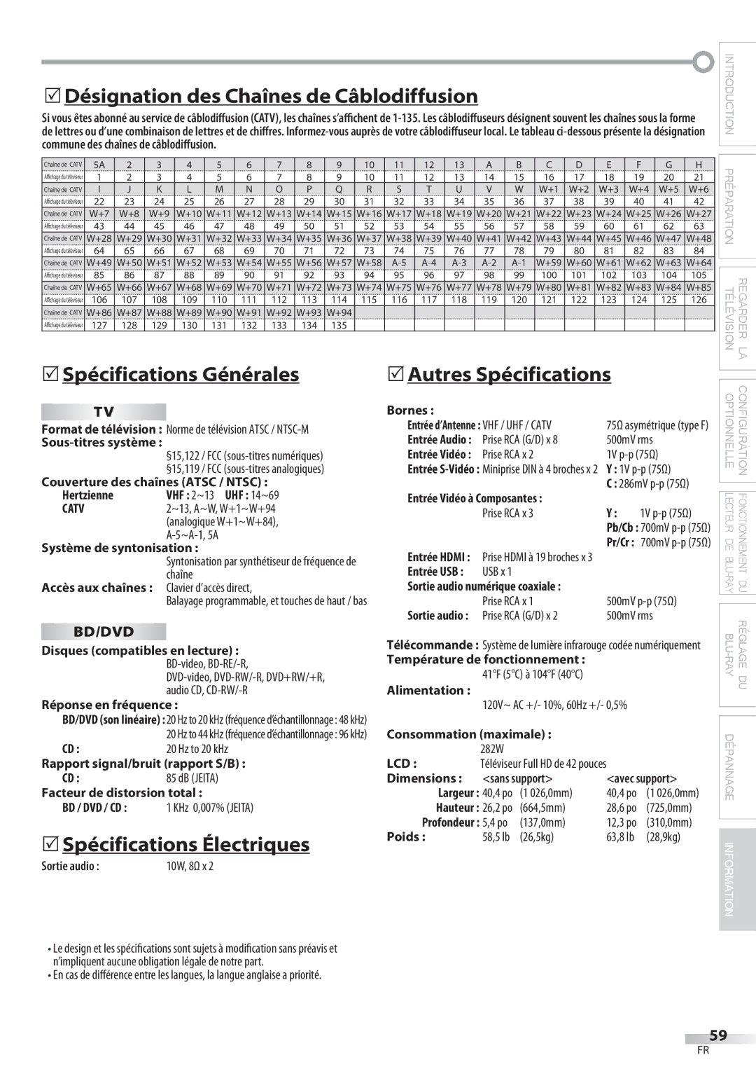 Philips 42MD459B  Désignation des Chaînes de Câblodiffusion, Spécifications Générales,  Spécifications Électriques 