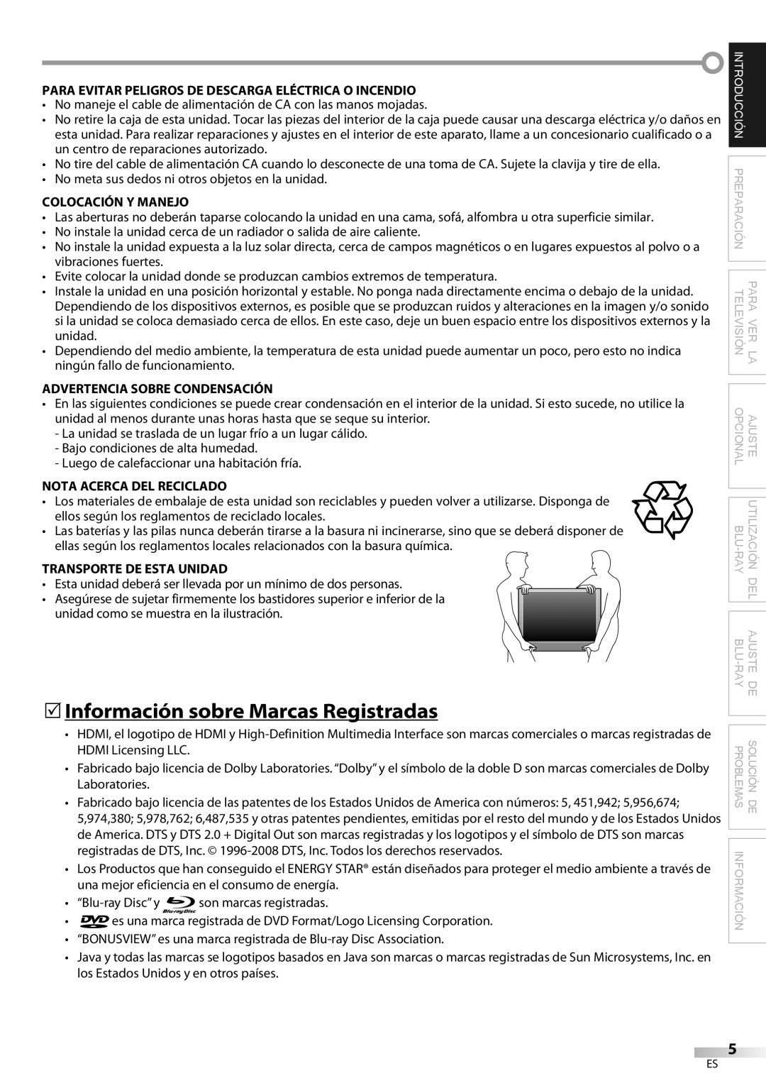 Philips 42MD459B user manual  Información sobre Marcas Registradas, Para Evitar Peligros DE Descarga Eléctrica O Incendio 