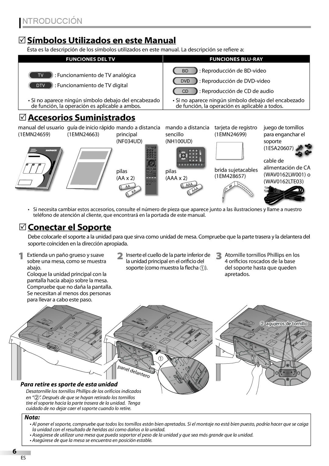 Philips 42MD459B user manual Nota, Apretados, Panel 