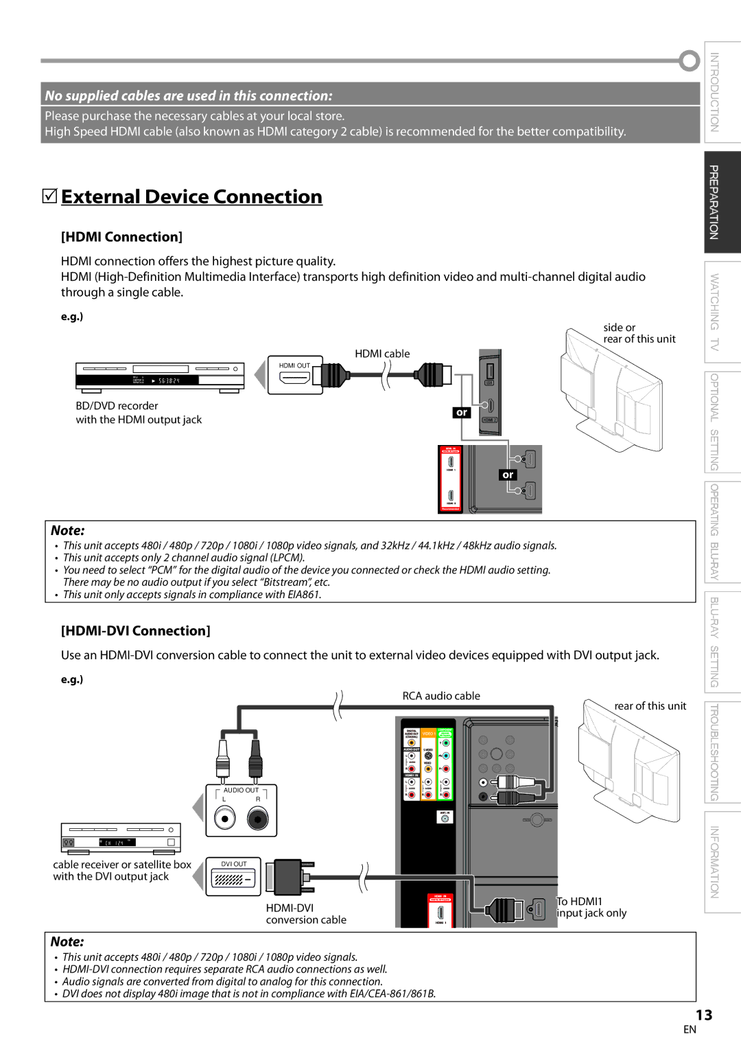 Philips 42MD459B user manual 5External Device Connection, Hdmi Connection, HDMI-DVI Connection 