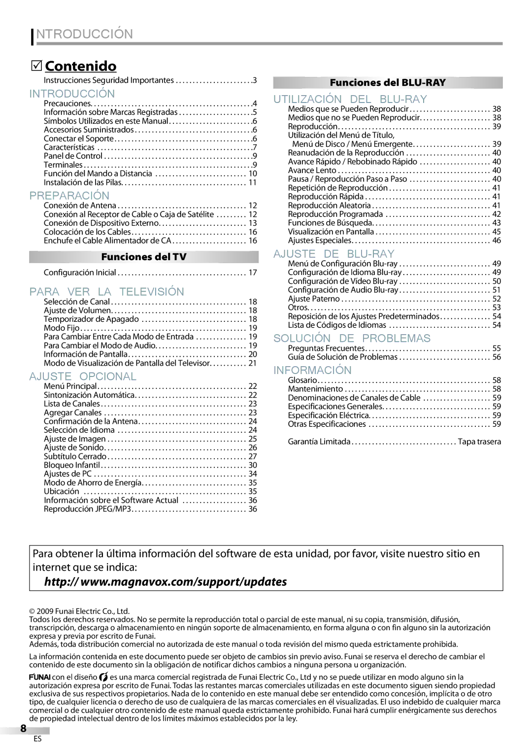 Philips 42MD459B user manual  Contenido, Funciones del BLU-RAY, Funciones del TV 