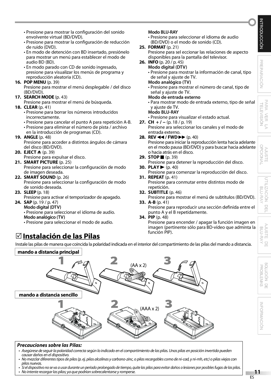 Philips 42MD459B user manual  Instalación de las Pilas, Mando a distancia principal, Precauciones sobre las Pilas 