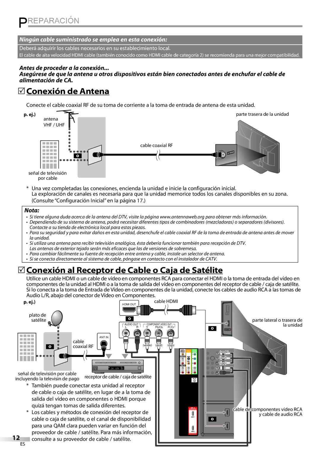 Philips 42MD459B user manual Preparación,  Conexión de Antena,  Conexión al Receptor de Cable o Caja de Satélite 