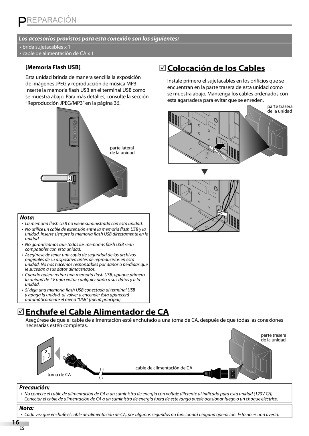 Philips 42MD459B  Colocación de los Cables,  Enchufe el Cable Alimentador de CA, Memoria Flash USB, Precaución 