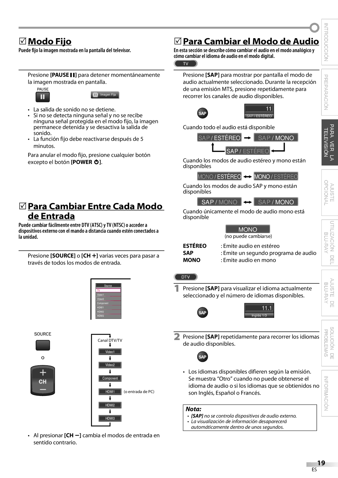 Philips 42MD459B user manual  Modo Fijo,  Para Cambiar Entre Cada Modo De Entrada 