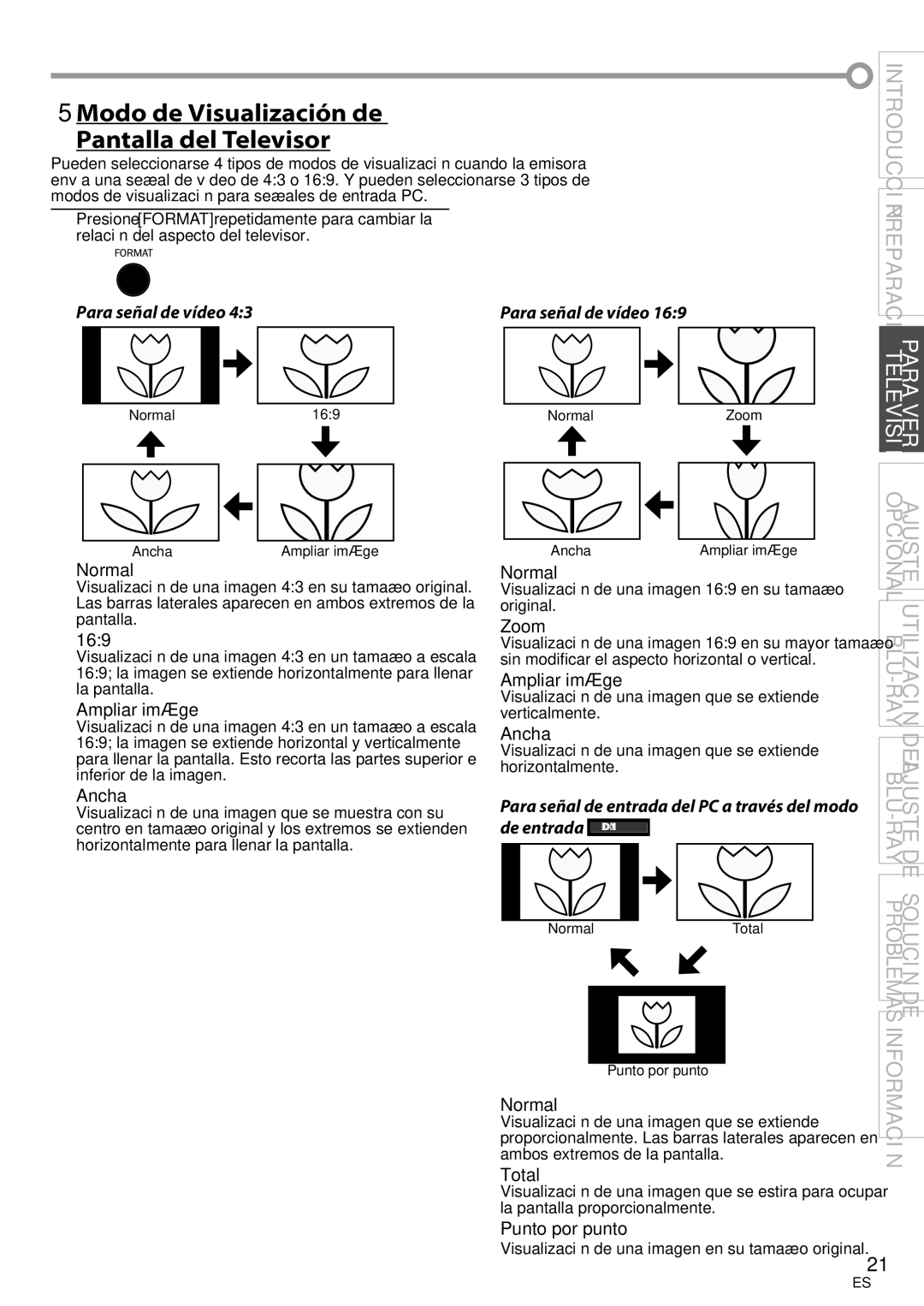 Philips 42MD459B user manual  Modo de Visualización de Pantalla del Televisor, Para señal de vídeo, De entrada 