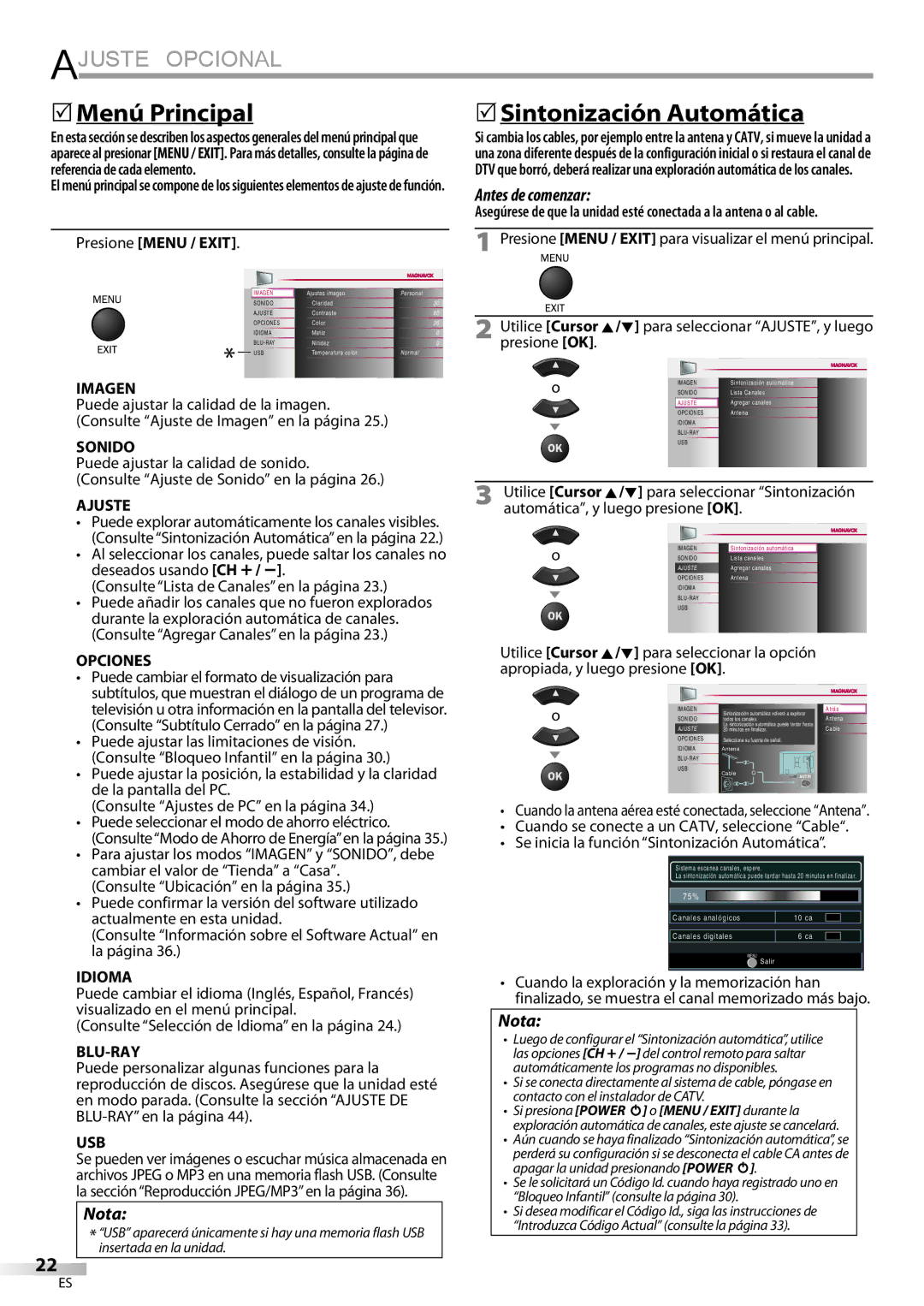 Philips 42MD459B user manual Ajuste Opcional,  Menú Principal,  Sintonización Automática, Presione Menu / Exit 