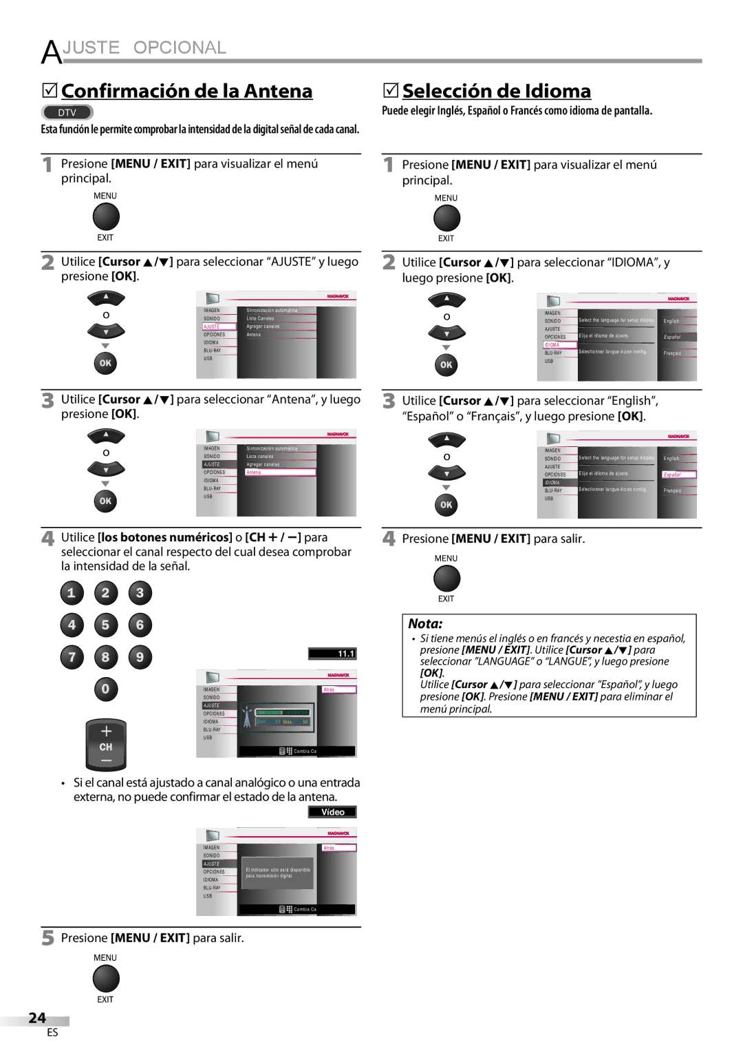 Philips 42MD459B user manual Confirmación de la Antena Selección de Idioma, Utilice los botones numéricos o CH + / para 